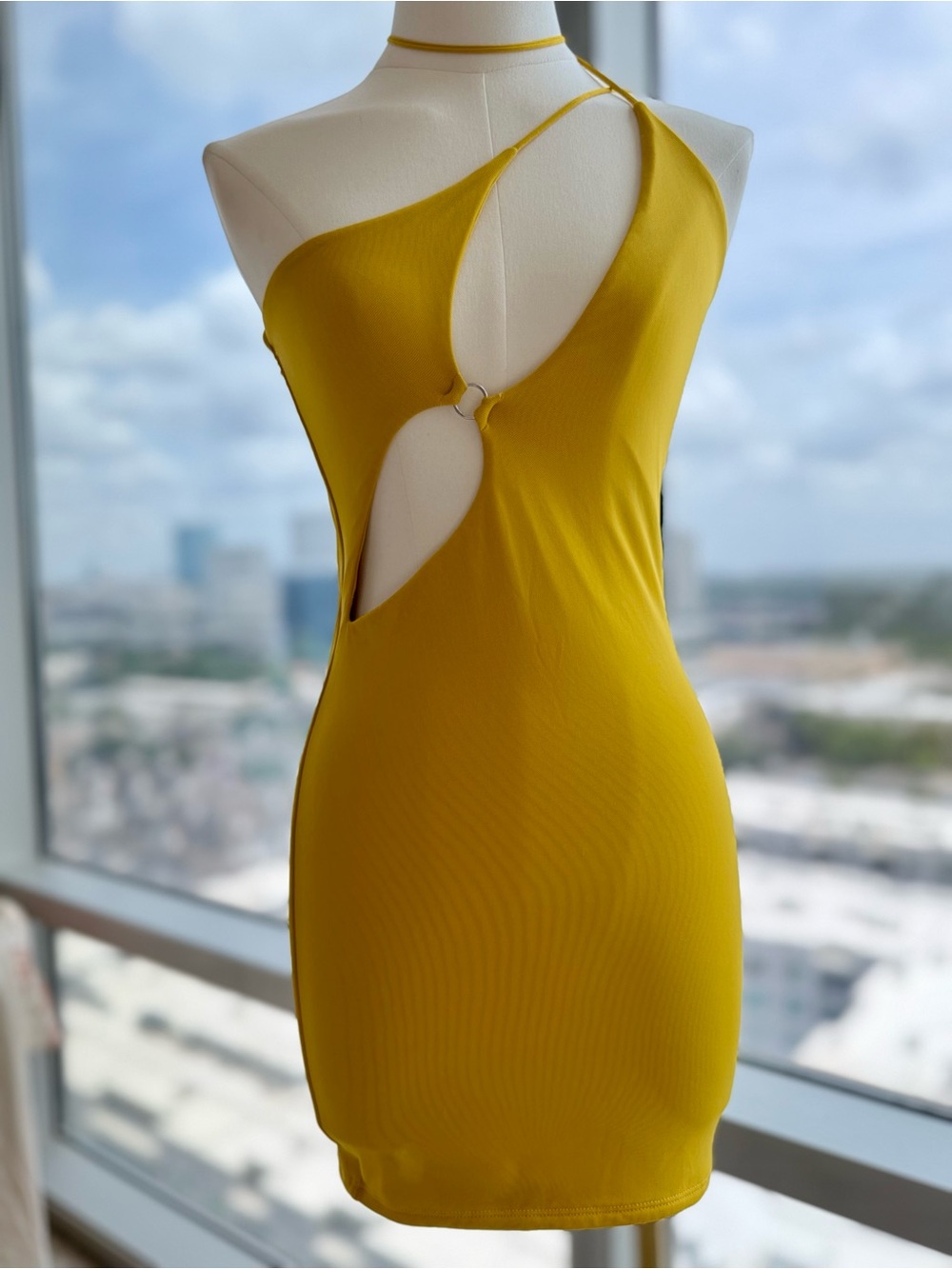 Oh Polly Yellow Asymmetric Cut Out Halter Mini Dress US 4